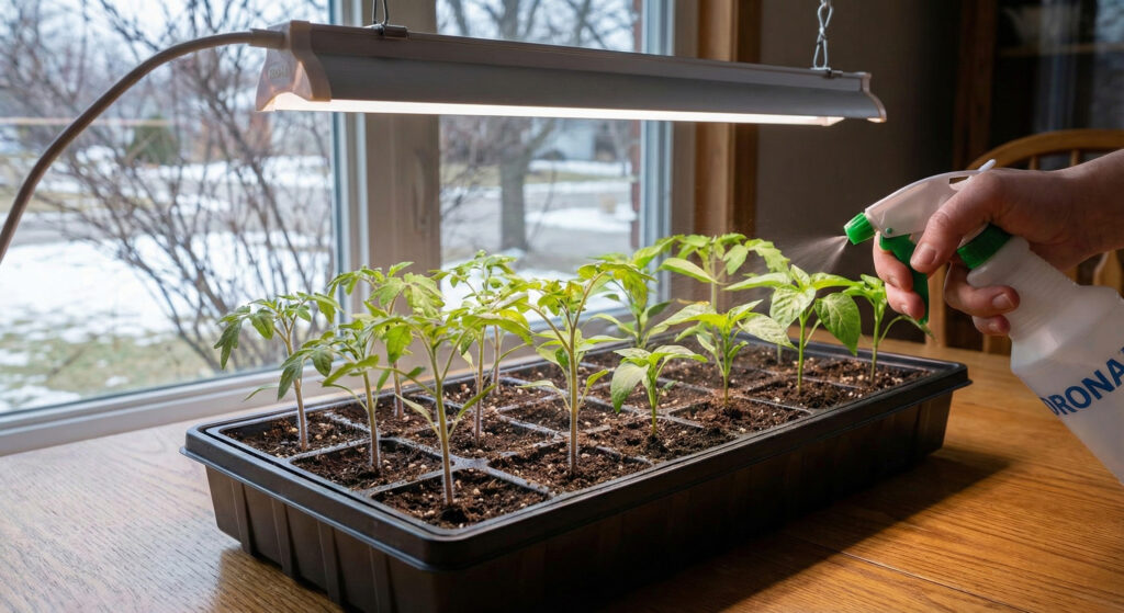 A hand uses a RONA-branded spray bottle to gently mist a tray of young tomato and pepper seedlings growing under a hanging LED grow light on a wooden table. A window in the background shows a snowy outdoor scene.