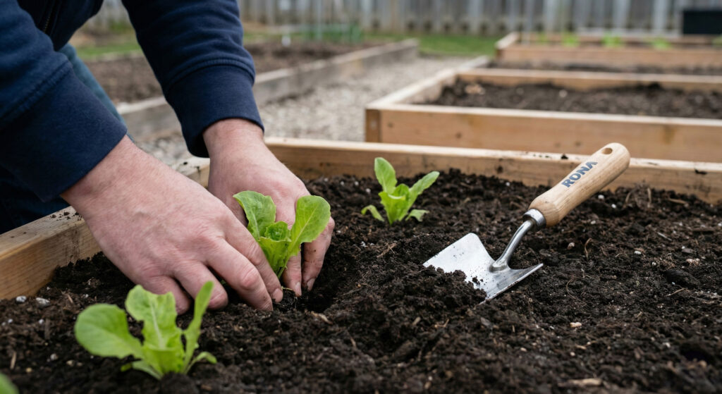 A close-up view of a gardener's hands planting a small green lettuce seedling into the dark, rich soil of a wooden raised garden bed. A hand trowel with the "RONA" logo branded on the wooden handle rests on the soil beside the plant.